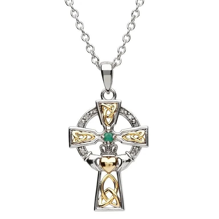 Diamond and Emerald Silver and Gold Celtic Cross Claddagh Necklace - Sm - The Celtic Gift Store - Necklaces