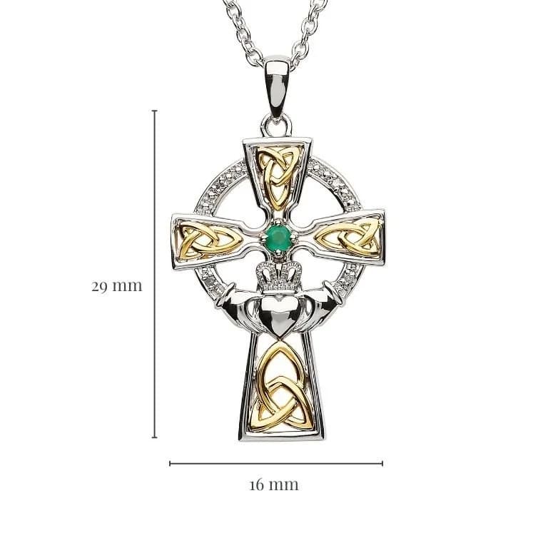 Diamond and Emerald Silver and Gold Celtic Cross Claddagh Necklace - Sm - The Celtic Gift Store - Necklaces