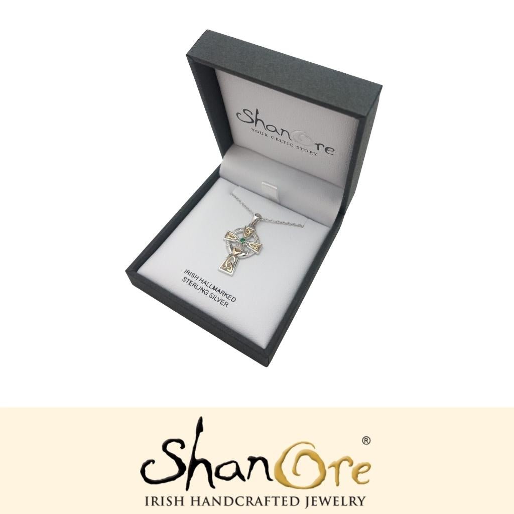 Diamond and Emerald Silver and Gold Celtic Cross Claddagh Necklace- Sm