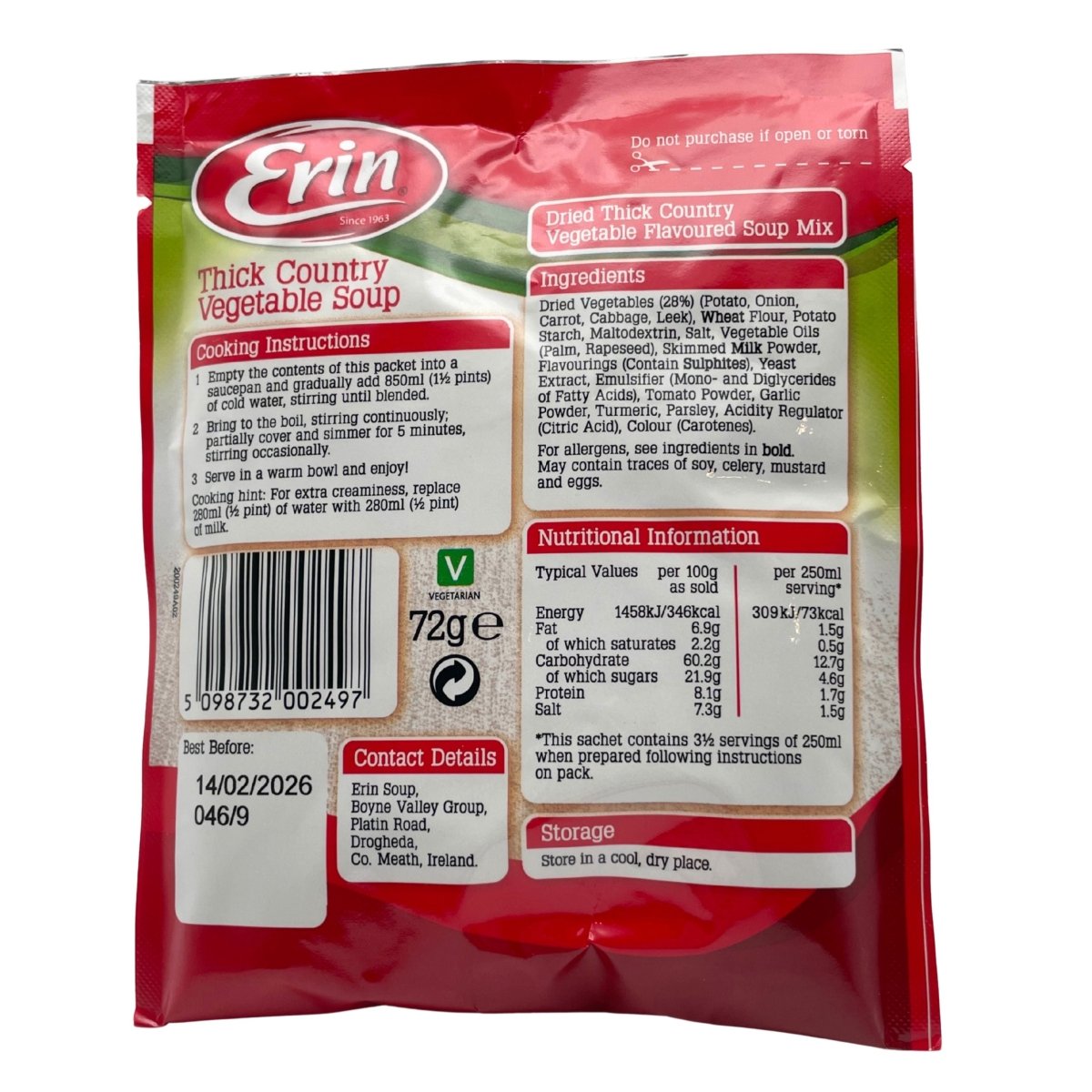 Erin Thick Country Vegetable Soup Mix packaging with label details on a white background