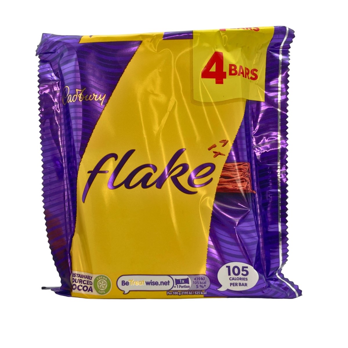 Cadbury Flake chocolate packaging with purple and yellow design on a white background