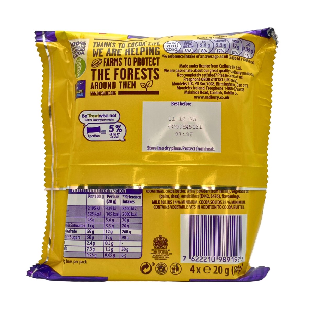 Yellow and purple Cadbury Dairy Milk chocolate bar packaging with nutritional information and branding details.