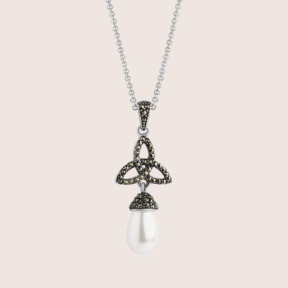 Freshwater Pearl and Marcasite Trinity Knot Necklace