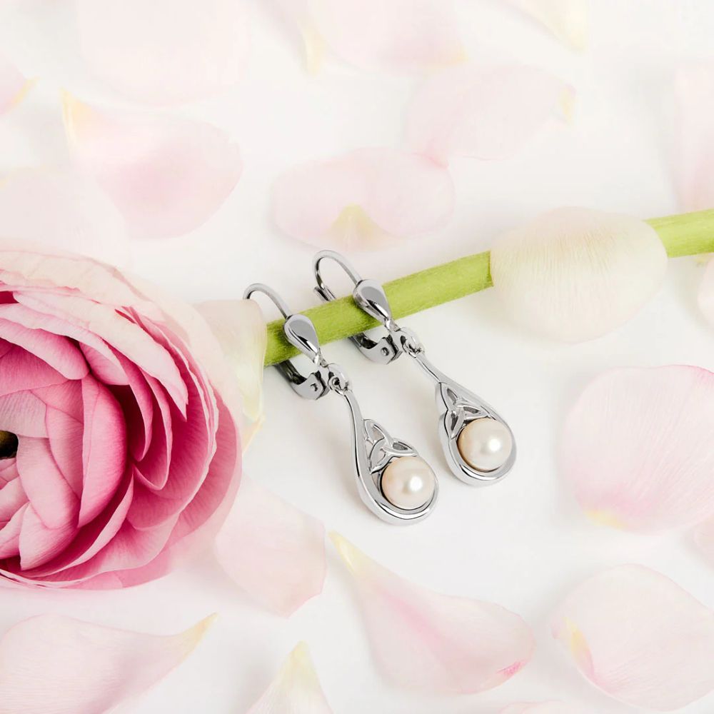 Freshwater Pearl Sterling Silver Trinity Knot Drop Earrings