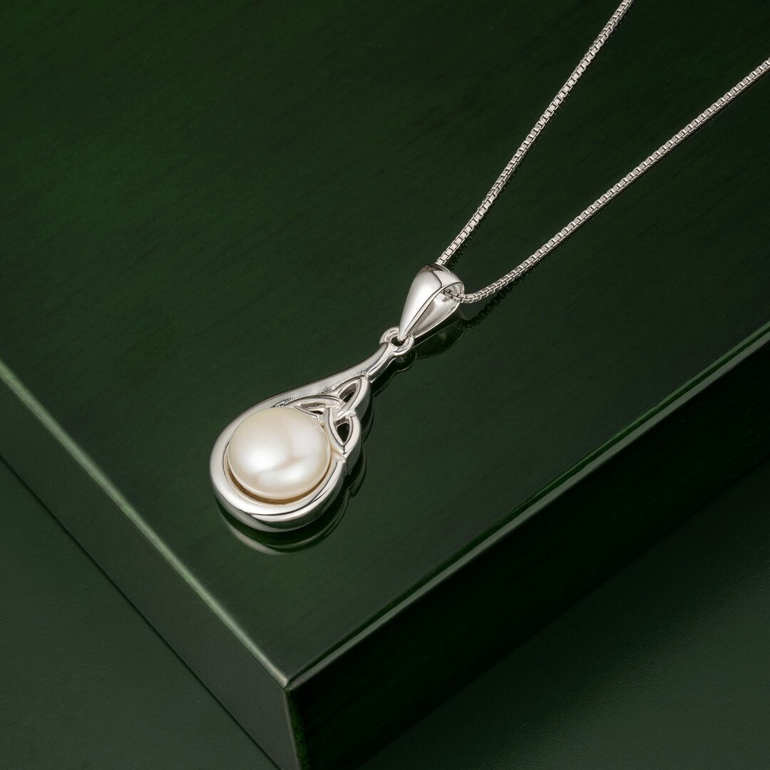 Freshwater Pearl Sterling Silver Trinity Knot Necklace - The Celtic Gift Store - Necklaces