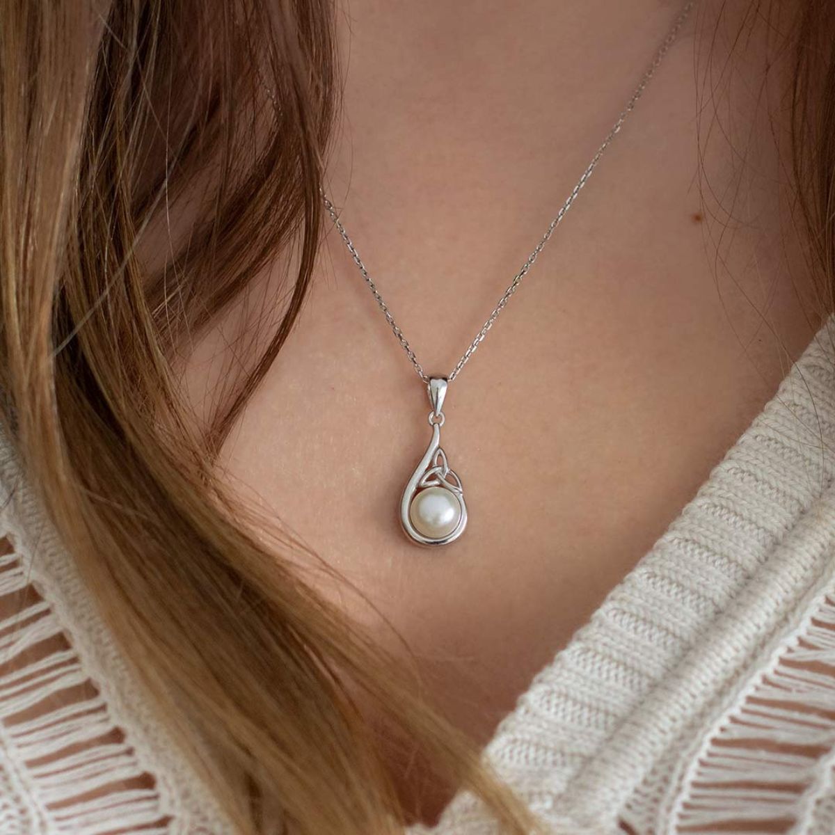 Freshwater Pearl Sterling Silver Trinity Knot Necklace