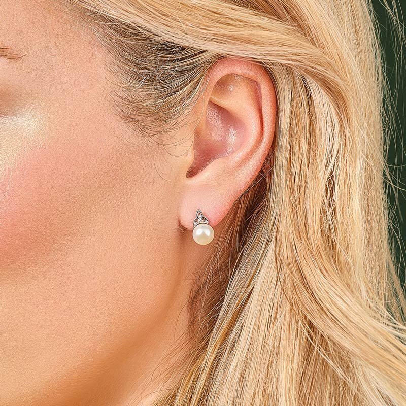 Freshwater Pearl Sterling Silver Trinity Knot Topped Earrings - The Celtic Gift Store - Earrings