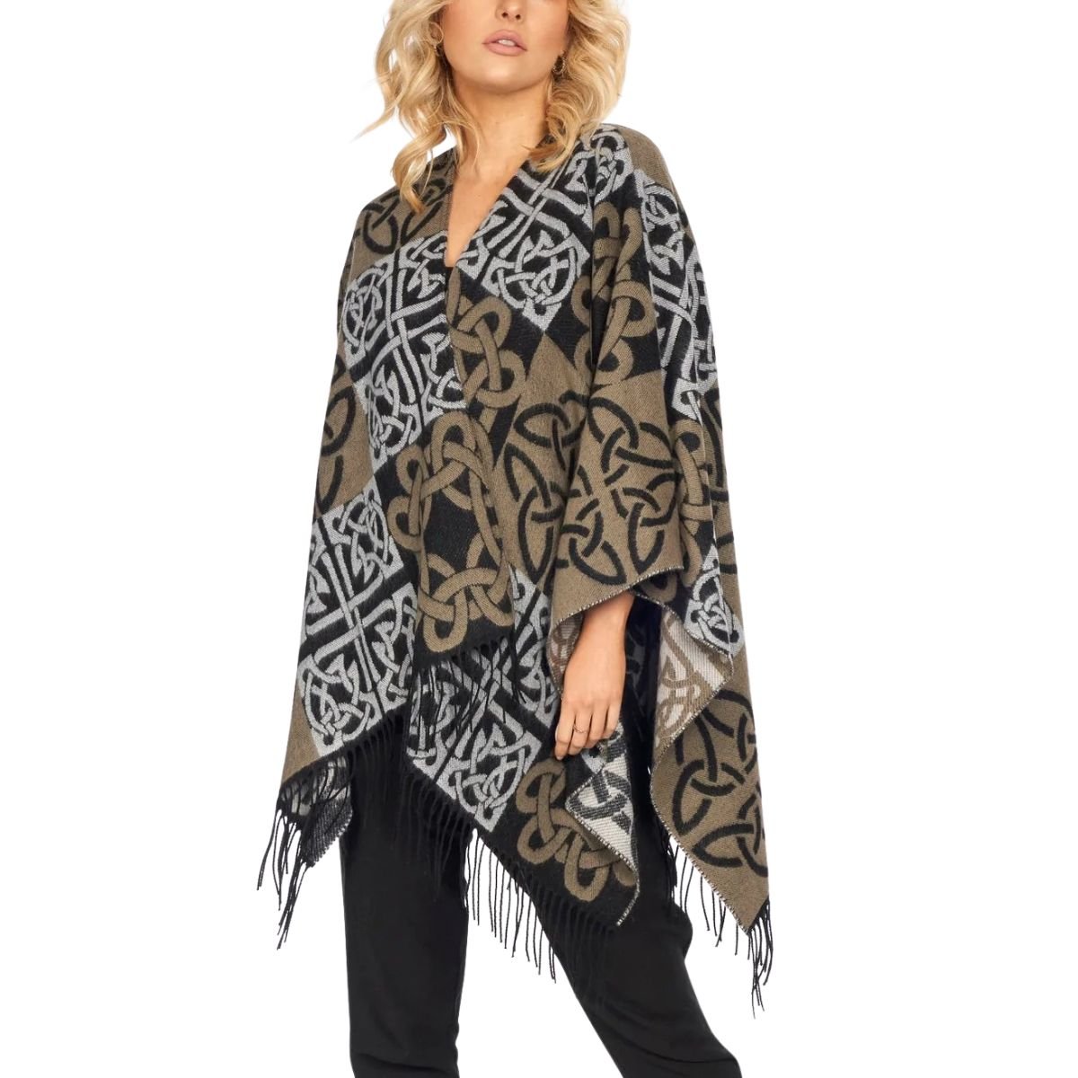 Fringed Shawl with Full Celtic Motif - Black/Grey