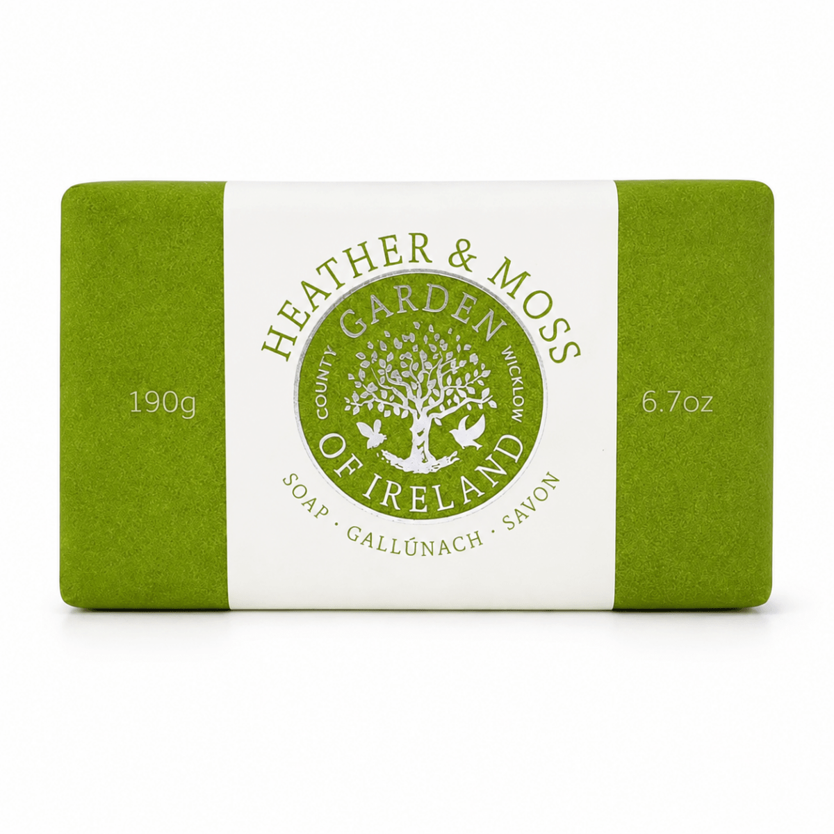 Green soap bar with 'Heather & Moss Garden of Ireland' branding on a white background
