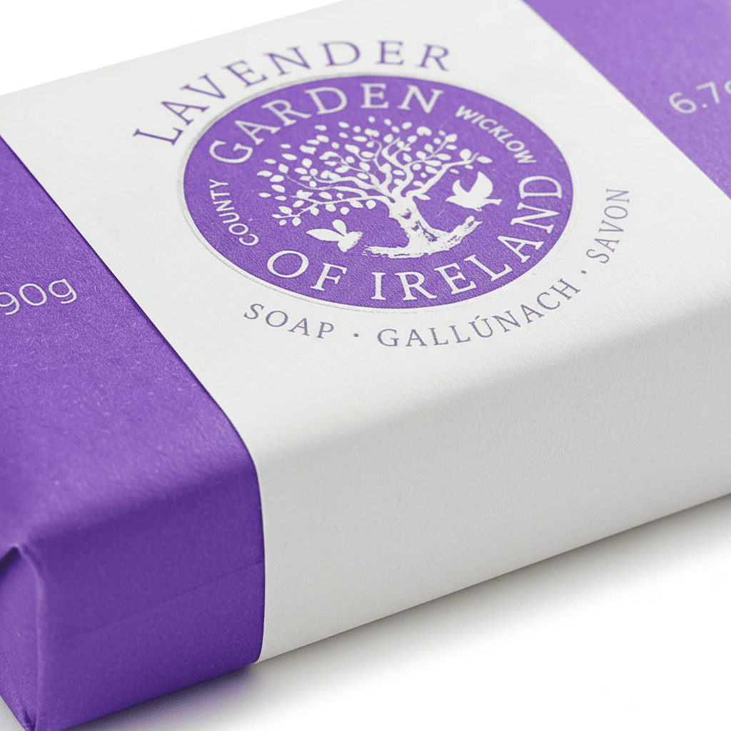 Purple soap bar with 'Lavender Garden of Ireland' branding on a white background close up