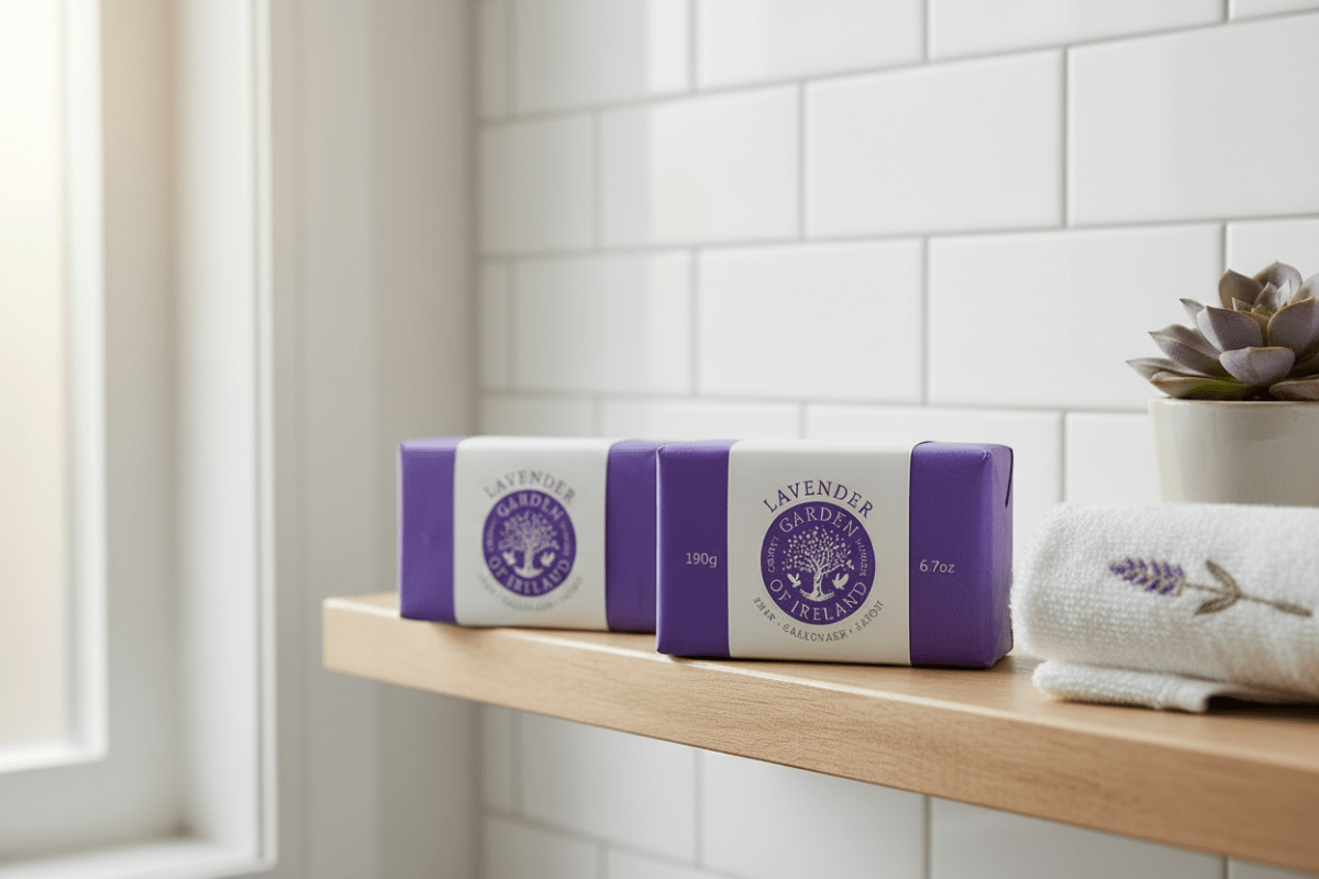 Lavender soap bar on a wooden shelf with a white tiled wall background
