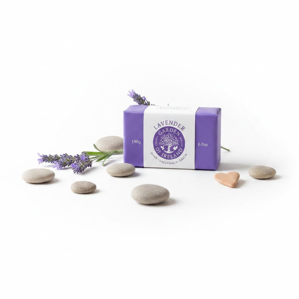 Purple soap bar with 'Lavender Garden of Ireland' branding on a white background