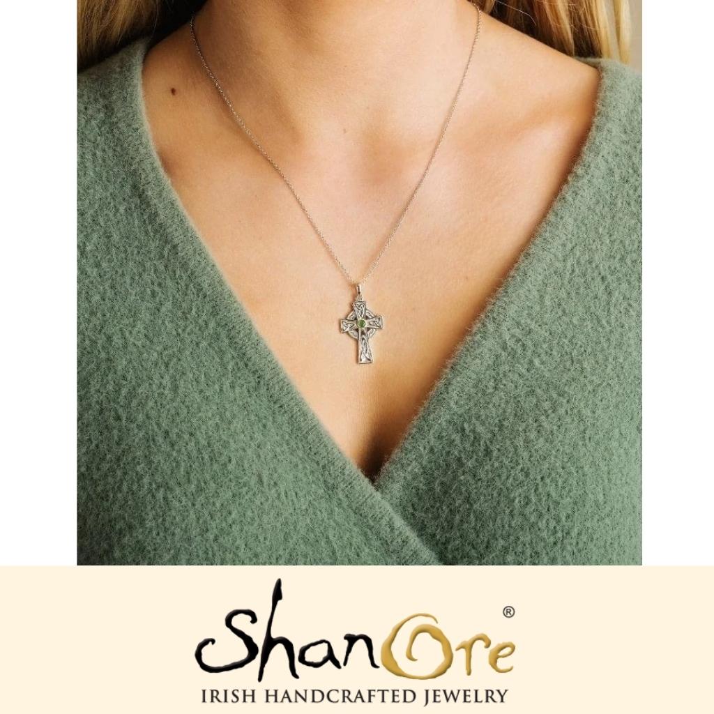 Genuine Emerald Set Sterling Silver Celtic Cross Necklace