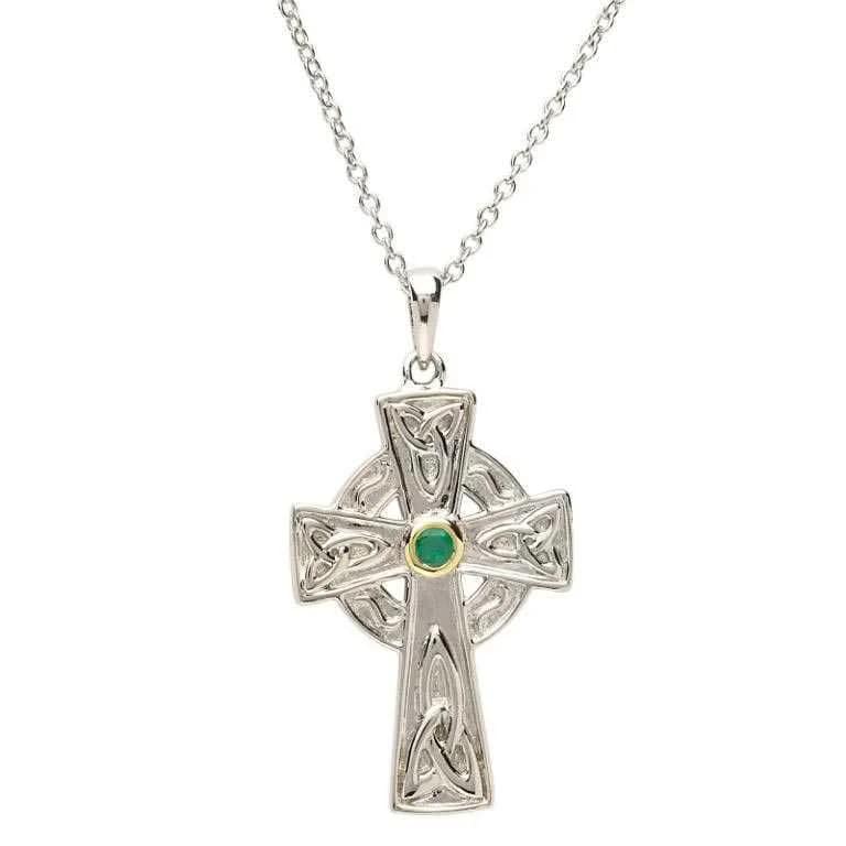 Genuine Emerald Set Sterling Silver Celtic Cross Necklace - The Celtic Gift Store - Necklaces