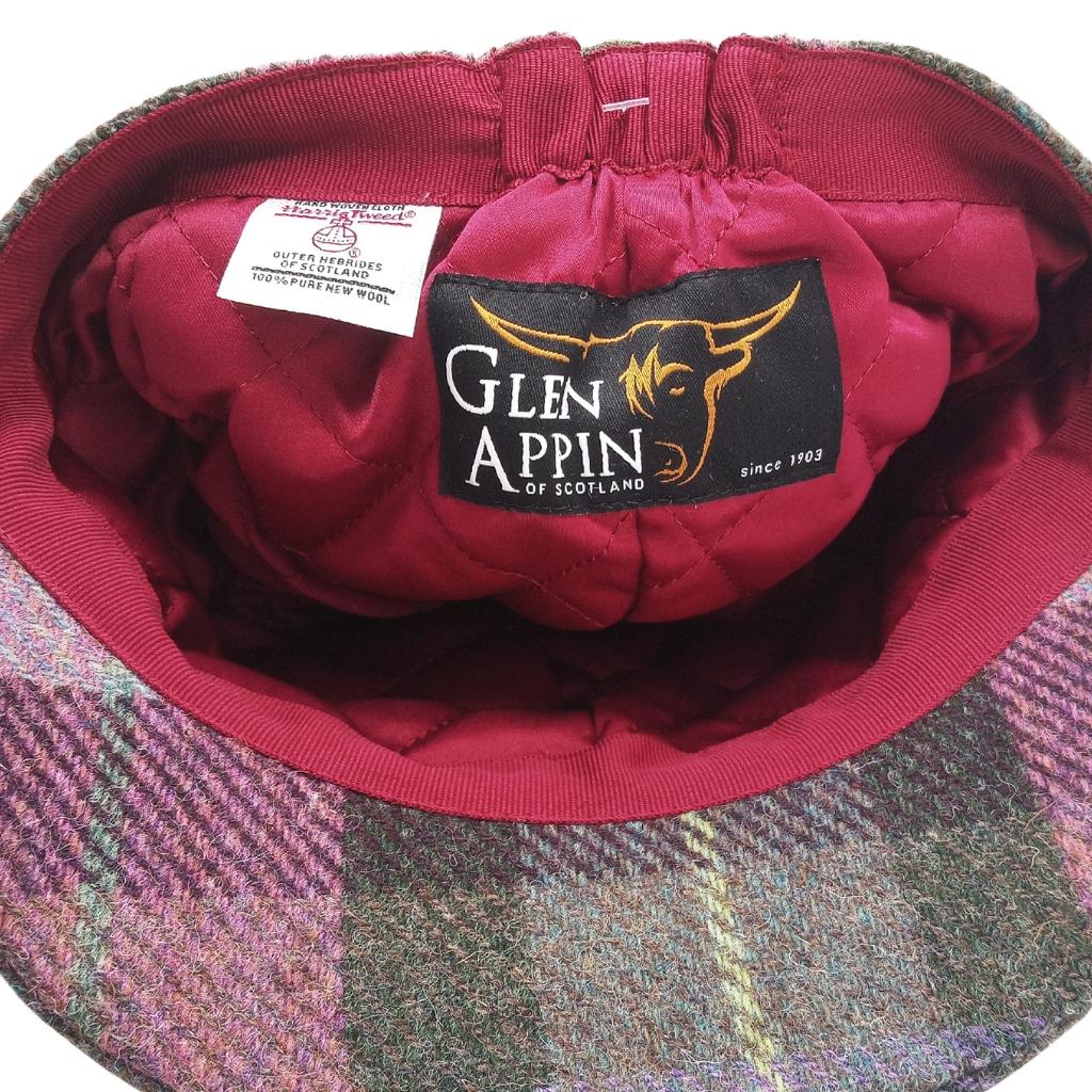 Glen Appin Ladies Muted Green & Rose Pink Tartan Harris Tweed Cap
