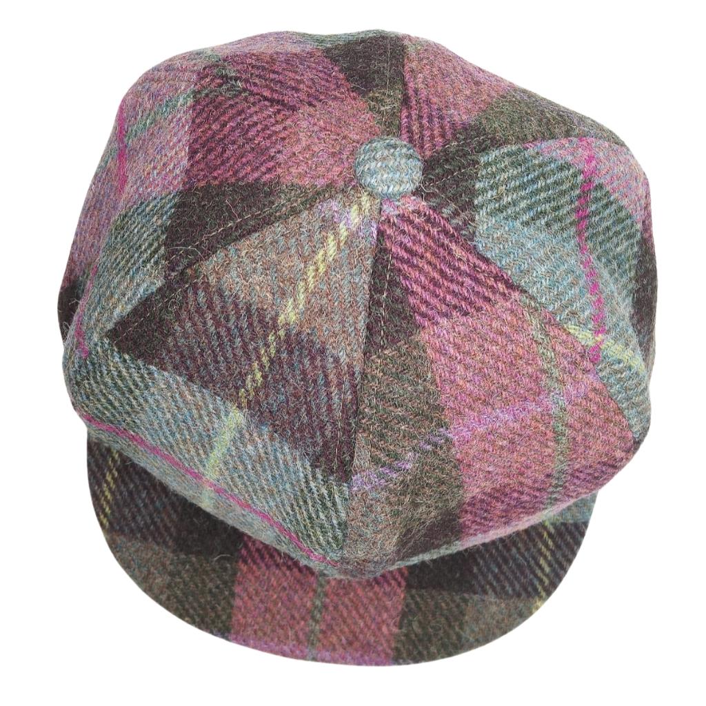 Glen Appin Ladies Muted Green & Rose Pink Tartan Harris Tweed Cap