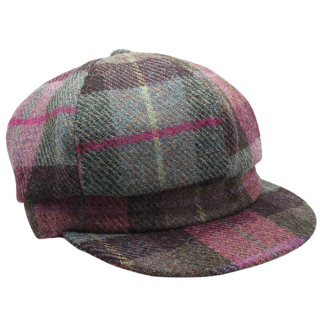 Glen Appin Ladies Muted Green & Rose Pink Tartan Harris Tweed Cap