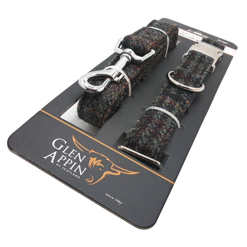 Glen Appin Large Brown And Grey Harris Tweed Dog Collar And Lead