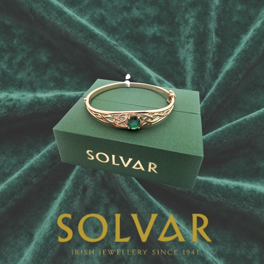 Gold Plated Celtic Knot Bangle with Green Stone