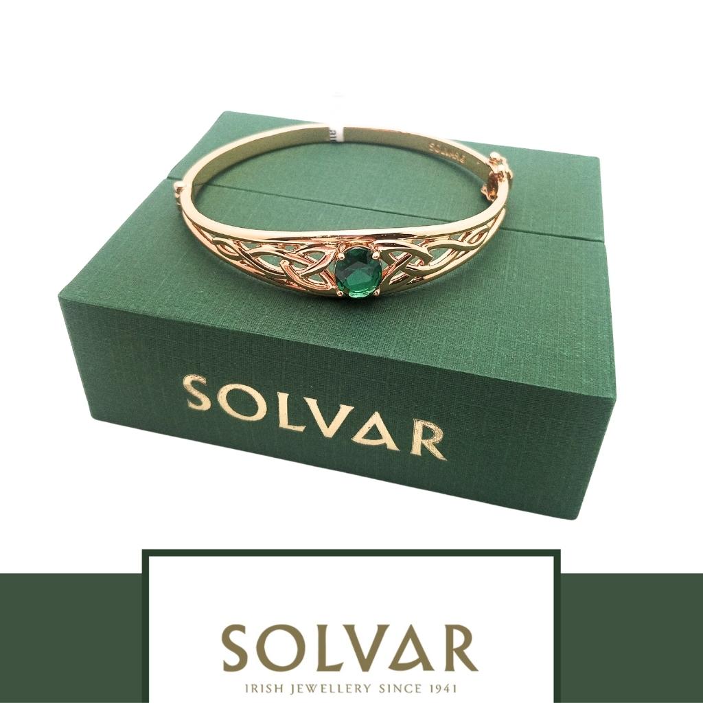 Gold Plated Celtic Knot Bangle with Green Stone