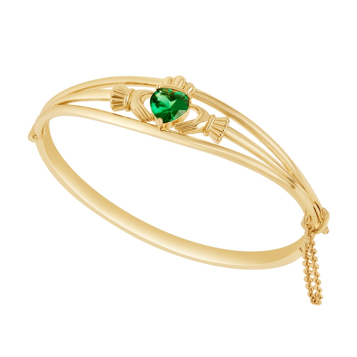 Gold Plated Claddagh Bangle with Green Stone