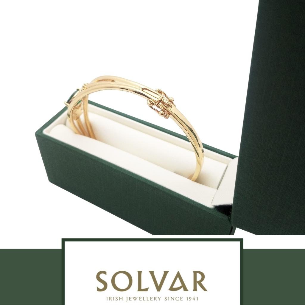 Gold Plated Claddagh Bangle with Green Stone