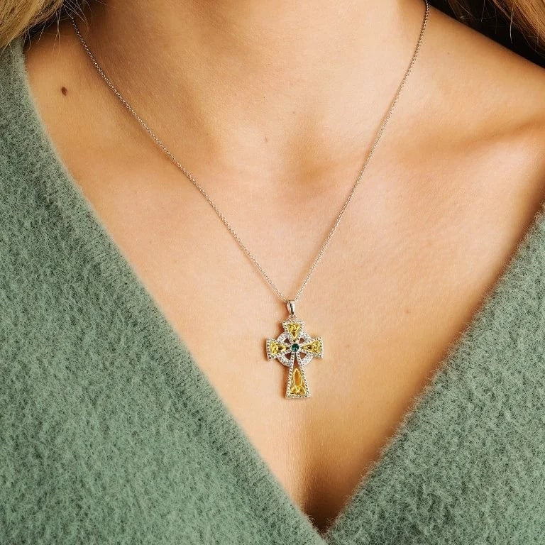 Gold Plated Crystal Embellished Trinity Knot Celtic Cross Necklace - The Celtic Gift Store - Necklaces
