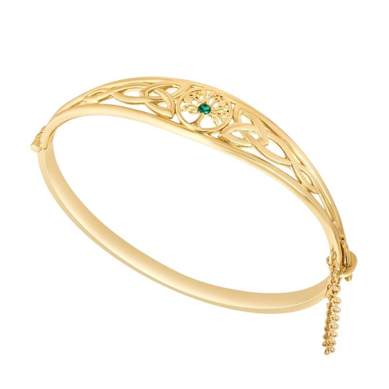 Gold Plated Tree of Life Bangle with Green Stone