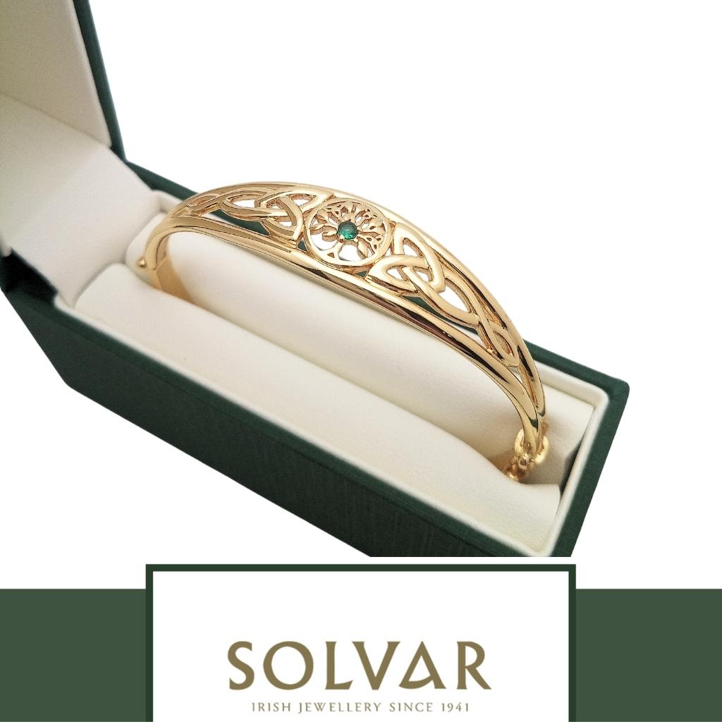 Gold Plated Tree of Life Bangle with Green Stone