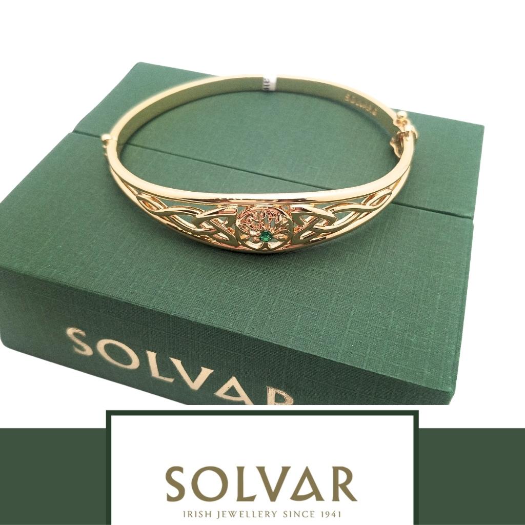Gold Plated Tree of Life Bangle with Green Stone