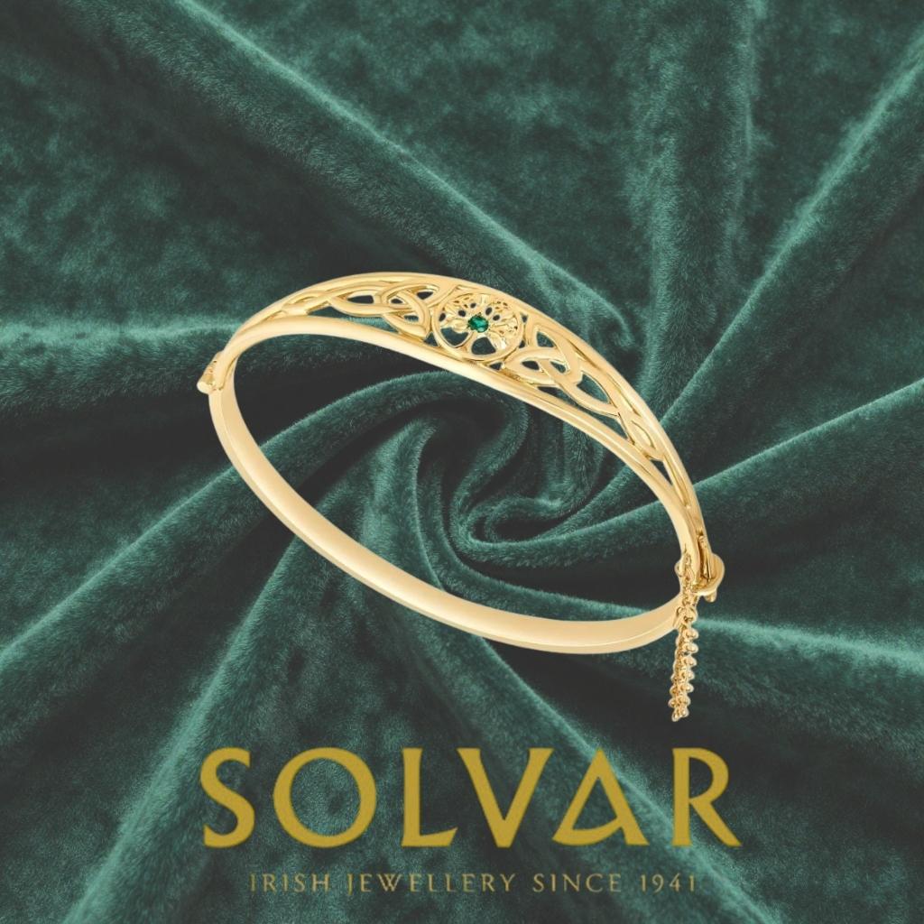 Gold Plated Tree of Life Bangle with Green Stone