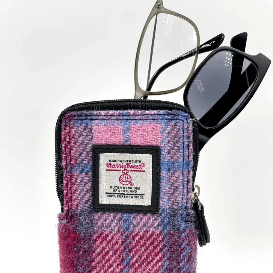 Harris Tweed Double Glasses Sleeve - Pink and Blue Tartan - The Celtic Gift Store - Apparel & Accessories