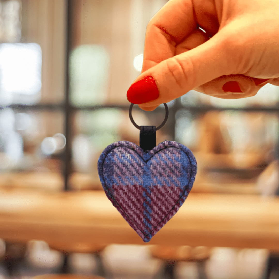 Harris Tweed Heart Keyring - Pink and Blue Tartan - The Celtic Gift Store - Gift