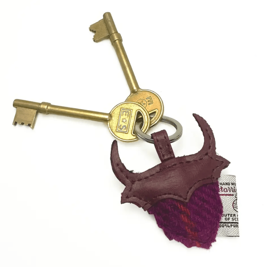 Harris Tweed Highland Cow Keyring - Green and Purple Plaid - The Celtic Gift Store - Gift