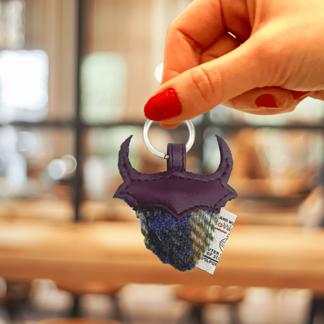 Harris Tweed Highland Cow Keyring - Green and Purple Plaid - The Celtic Gift Store - Gift