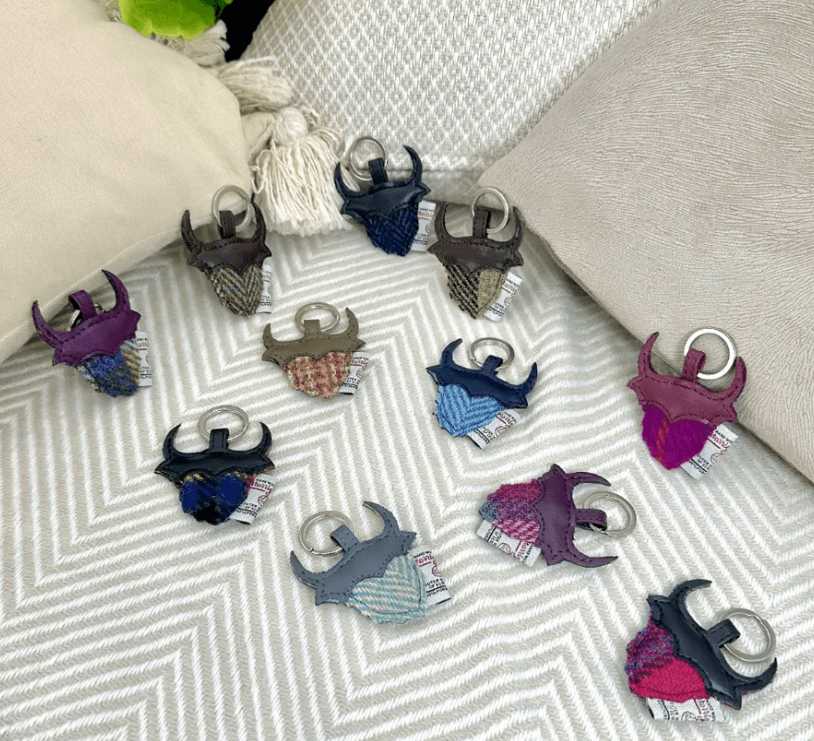 Harris Tweed Highland Cow Keyring - Green and Purple Plaid - The Celtic Gift Store - Gift