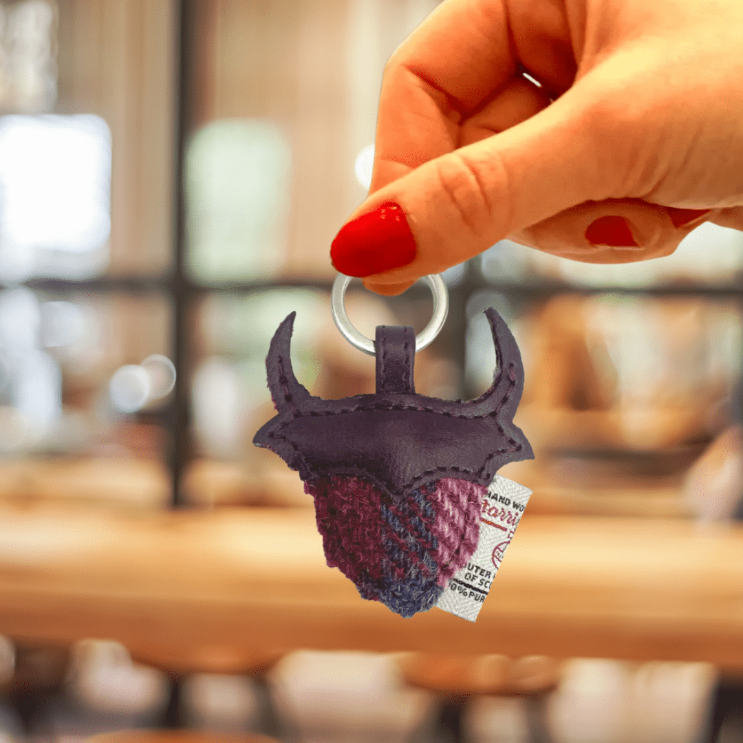Harris Tweed Highland Cow Keyring - Pink and Blue Tartan - The Celtic Gift Store - Gift