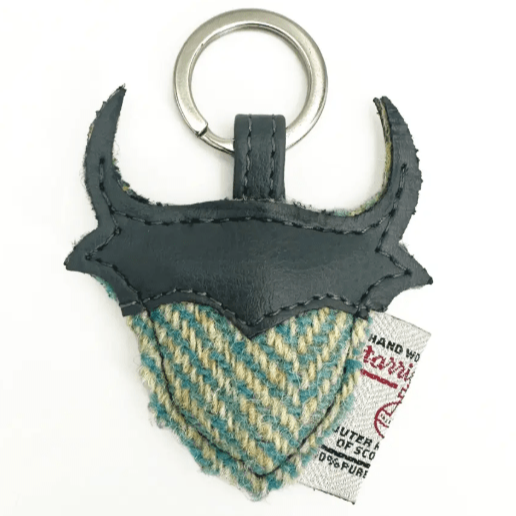 Harris Tweed Highland Cow Keyring - Turquoise Herringbone - The Celtic Gift Store - Gift