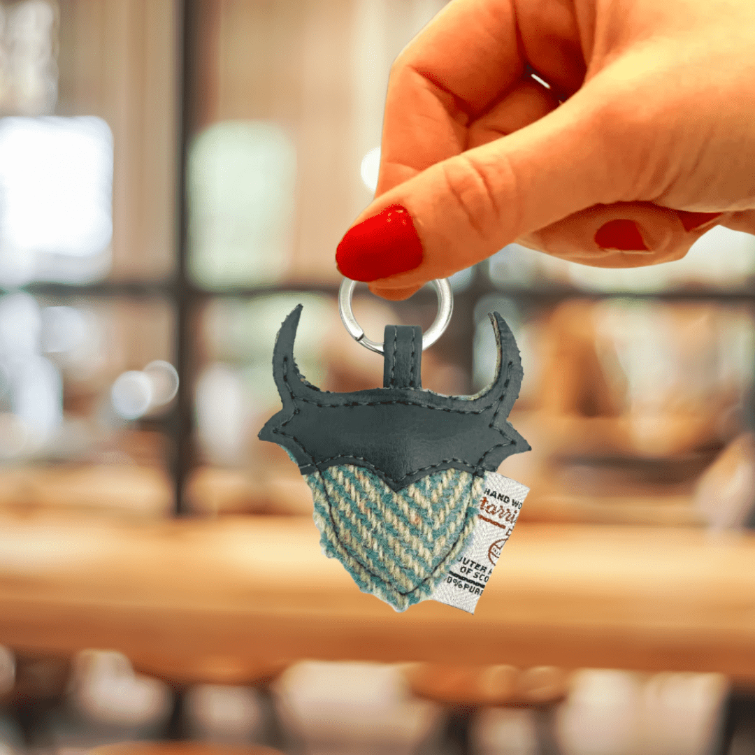 Harris Tweed Highland Cow Keyring - Turquoise Herringbone - The Celtic Gift Store - Gift