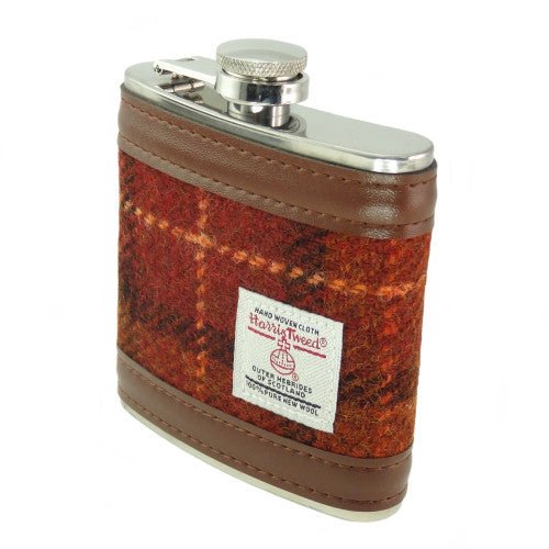 Harris Tweed Hip Flask - Brown with Orange Overcheck - The Celtic Gift Store - Drinkware