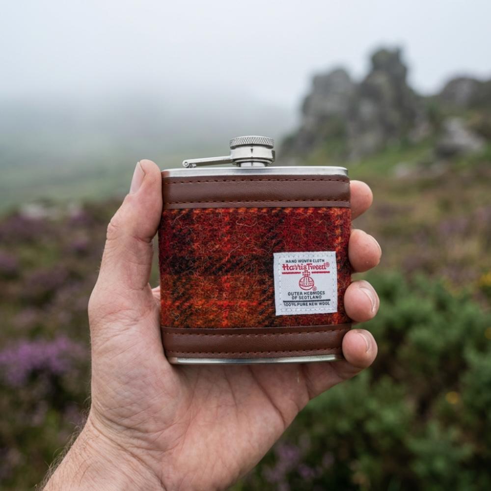Harris Tweed Hip Flask- Brown with Orange Overcheck
