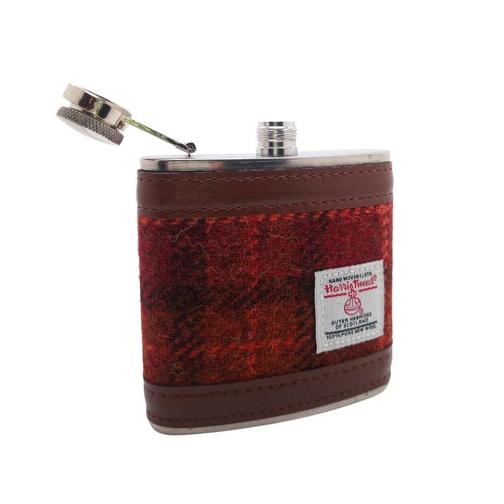 Harris Tweed Hip Flask- Brown with Orange Overcheck