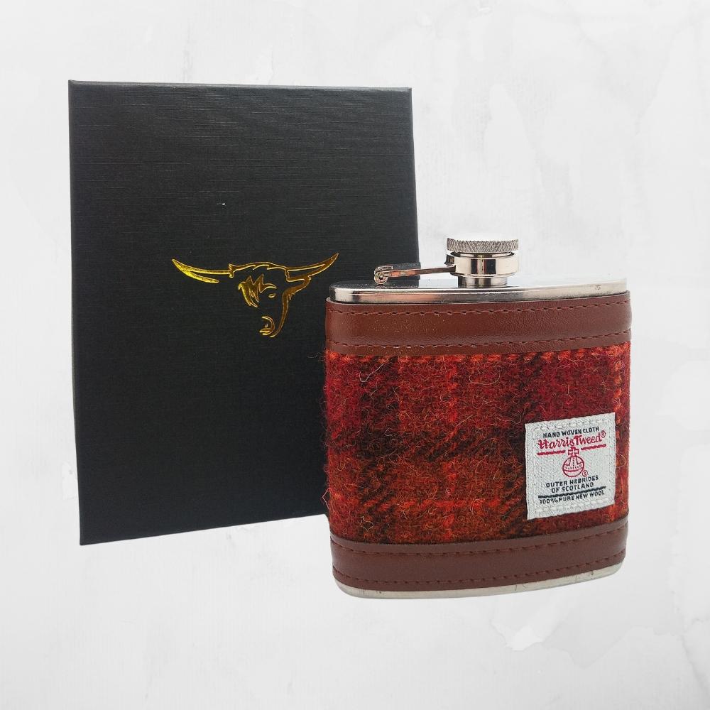 Harris Tweed Hip Flask- Brown with Orange Overcheck