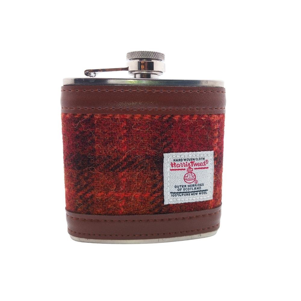 Harris Tweed Hip Flask- Brown with Orange Overcheck