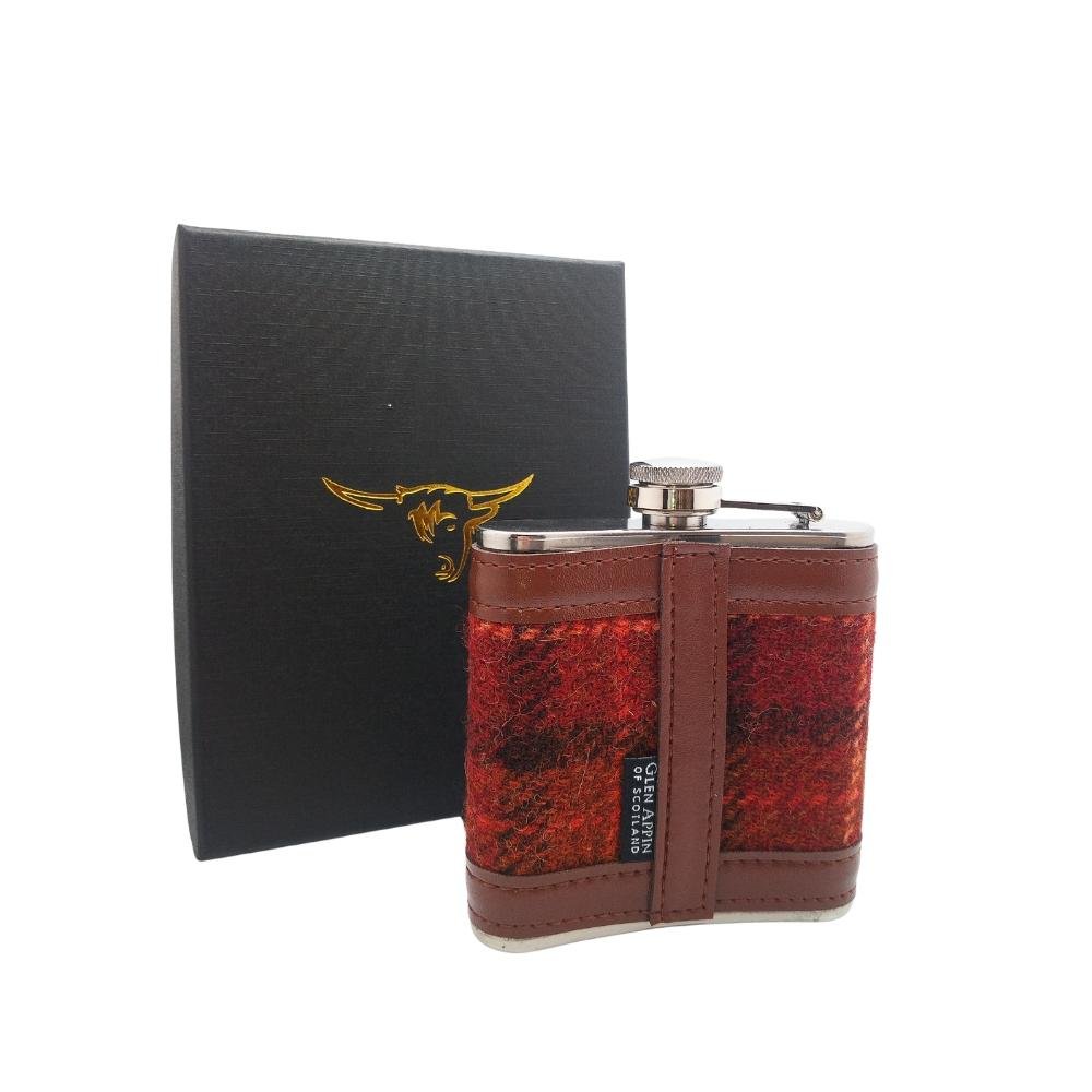 Harris Tweed Hip Flask- Brown with Orange Overcheck