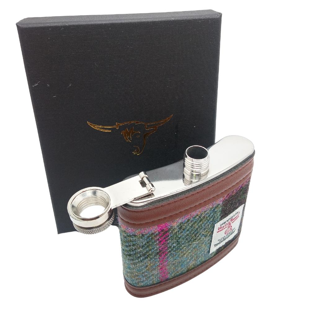 Harris Tweed Hip Flask- Dark Green And Plum Check