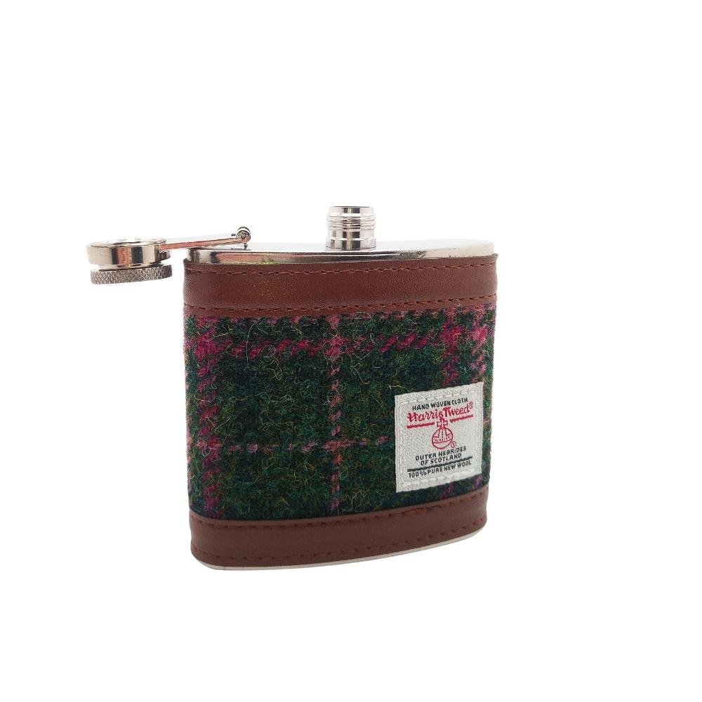 Harris Tweed Hip Flask- Dark Green And Plum Check