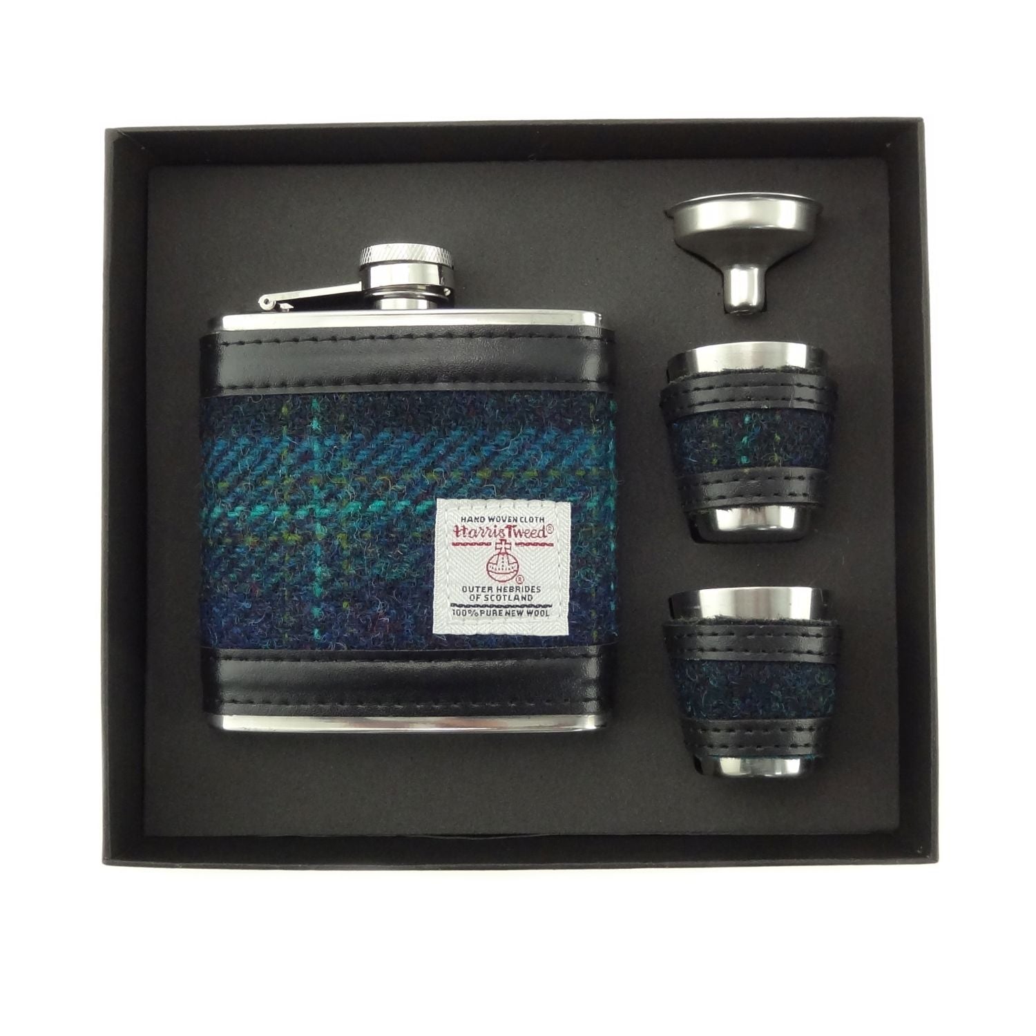 Harris Tweed Hip Flask Gift Set - Blue with Turquoise Overcheck - The Celtic Gift Store - Drinkware