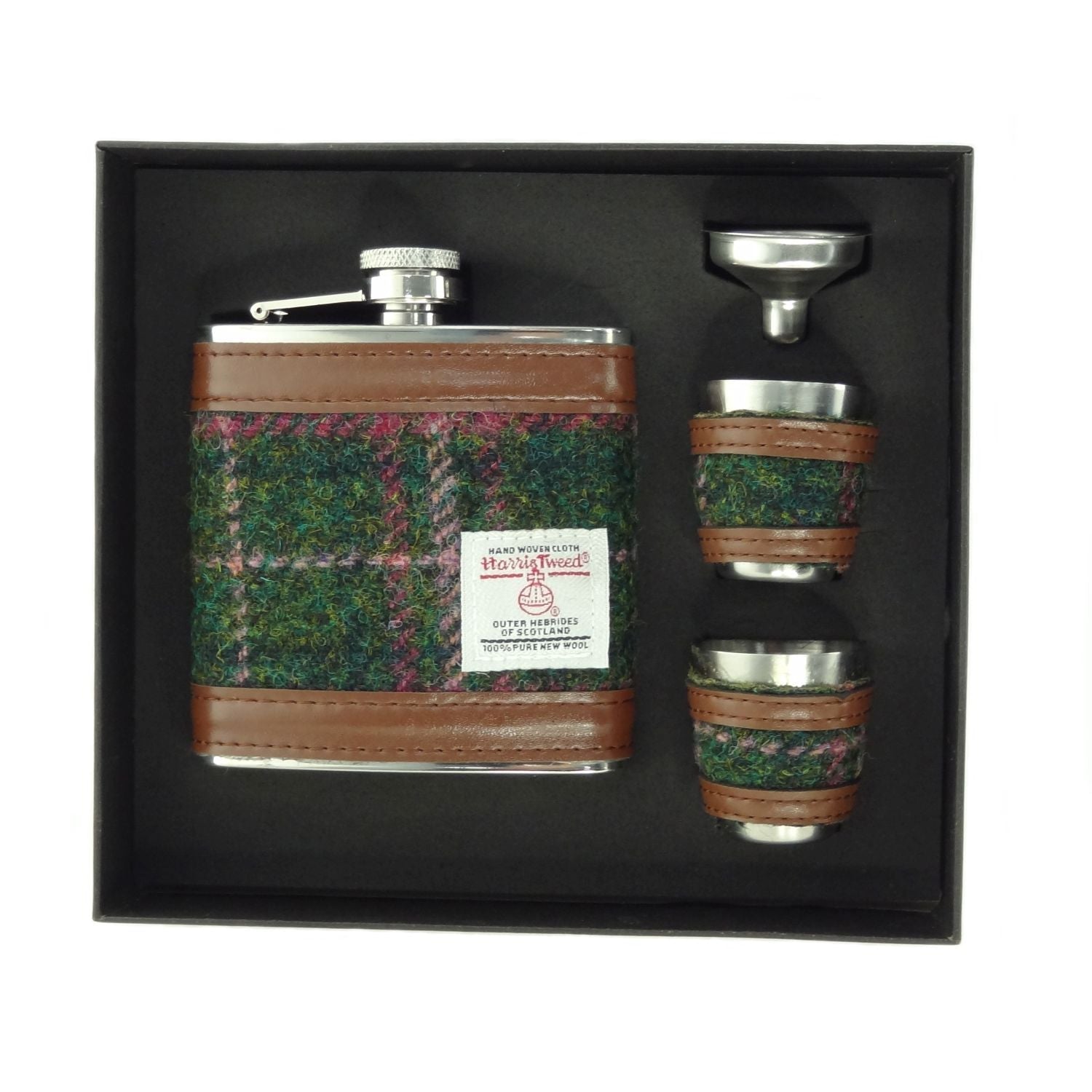 Harris Tweed Hip Flask Gift Set - Dark Green and Plum Check - The Celtic Gift Store - Drinkware