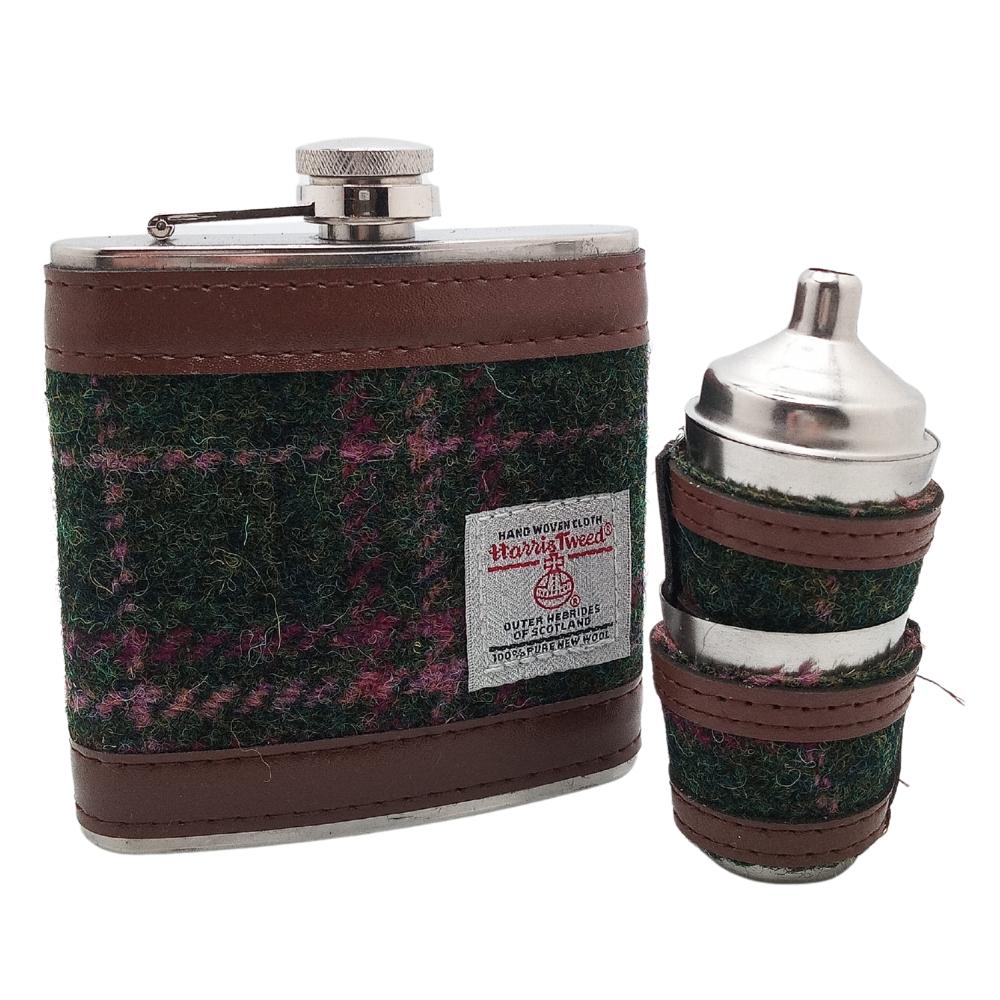 Harris Tweed Hip Flask Gift Set- Dark Green And Plum Check